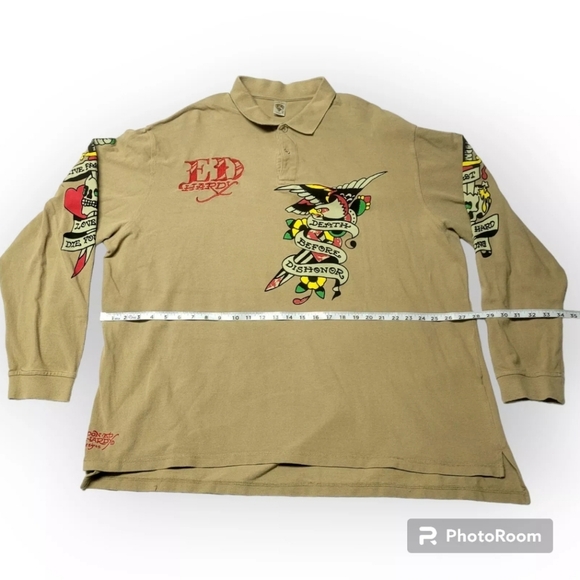 Vtg ED HARDY Christian Audigier  Long Tatoo Sleeve SHIRT 6xl All Over Print Y2K - Picture 1 of 7